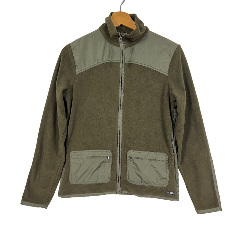 𝅺ATHLETA Green Fleece Jacket Zip Up Front Pockets size Small Olive Green